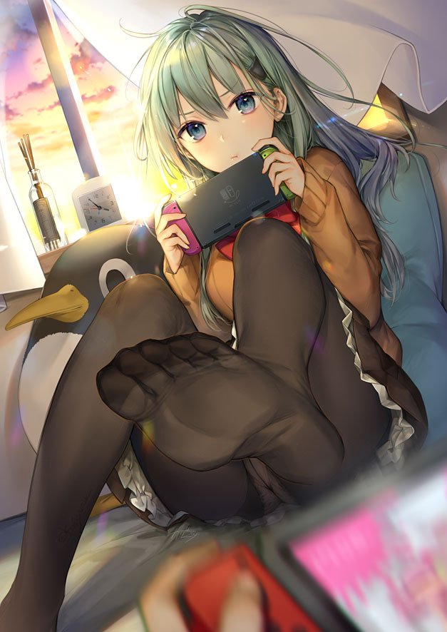 aqua_hair bangs black_legwear blue_eyes blurry_foreground bow bowtie breasts clock crotch_seam curtains dutch_angle failure_pengui feet foot_up hair_ornament hairclip holding_handheld_game_console jacket kantai_collection kuon_michiyoshi lens_flare long_hair looking_at_viewer medium_breasts nintendo_switch no_shoes panties panties_under_pantyhose pantyhose petticoat pillow pleated_skirt pout pov pov_hands red_neckwear sidelocks sitting skirt soles stuffed_animal stuffed_toy sunset suzuya_(kantai_collection) thighband_pantyhose toes underwear white_panties wind