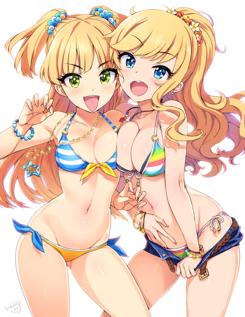 2girls :d bangle belt bikini blonde_hair blue_eyes bracelet breast_press breasts claw_pose cleavage contrapposto cowboy_shot denim denim_shorts earrings eyebrows_visible_through_hair fangs front-tie_bikini front-tie_top glint green_eyes idolmaster idolmaster_cinderella_girls jewelry jougasaki_rika long_hair medium_breasts multicolored multicolored_bikini multicolored_clothes multiple_girls navel necklace ootomo_takuji ootsuki_yui open_mouth open_pants ponytail short_shorts shorts side-tie_bikini simple_background small_breasts smile striped striped_bikini swimsuit tongue tongue_out two_side_up upper_teeth v-shaped_eyebrows white_background