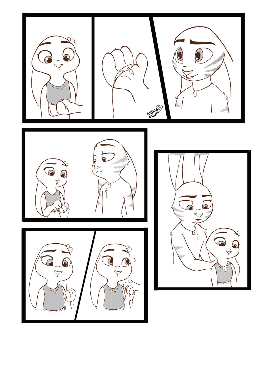 2017 4_fingers black_and_white cheek_tuft chest_tuft clothed clothing comic crop_top disney female fur holding_object jack_savage jewelry judy_hopps lagomorph male mammal monochrome necklace rabbit shirt shoulder_tuft simple_background size_difference small_claws striped_fur stripes topless tribal tuft walloruss white_background zootopia