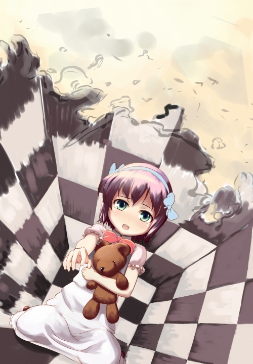 bad_id bad_pixiv_id blush checkered from_above green_eyes ket-c looking_afar looking_up night_wizard pink_hair shiho_elis short_hair sitting solo stuffed_animal stuffed_toy teddy_bear