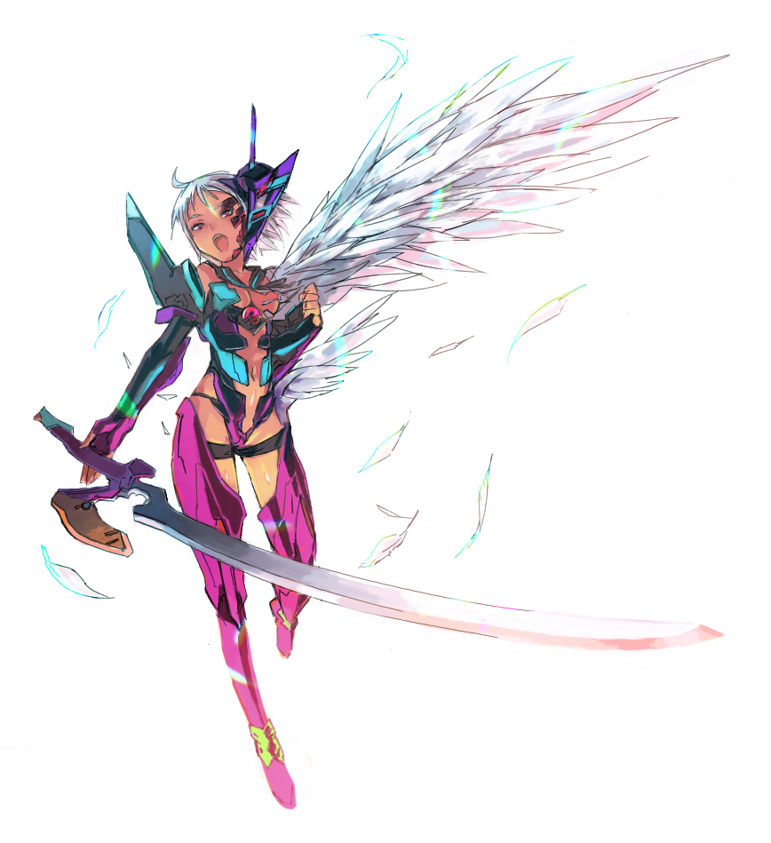 bad_id bad_pixiv_id eva_01 mecha_musume neon_genesis_evangelion revealing_clothes solo star_(ikaruga) sword weapon wings