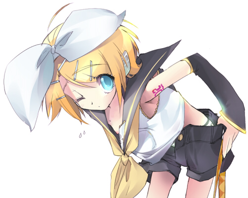 ahoge arm_warmers bangs belt bent_over black_shorts blonde_hair blouse blue_eyes bow downpants flying_sweatdrops glowing hair_bow hair_ornament hairclip headphones kagamine_rin legs_apart looking_at_viewer lowres mugen_dai one_eye_closed open_fly panties pulled_by_self ribbon sailor_collar short_hair shorts shorts_pull simple_background sleeveless solo swept_bangs unbuttoned underwear undressing vocaloid white_background white_blouse white_bow white_panties yellow_ribbon