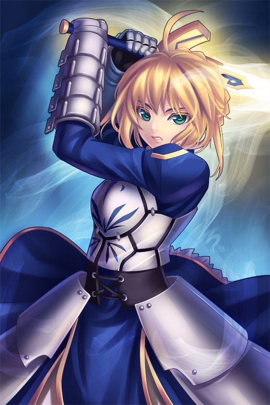 ahoge armor armored_dress artoria_pendragon_(all) blonde_hair dress excalibur fate/stay_night fate_(series) faulds gauntlets glowing glowing_sword glowing_weapon green_eyes hair_ribbon kaizeru ribbon saber solo sword weapon