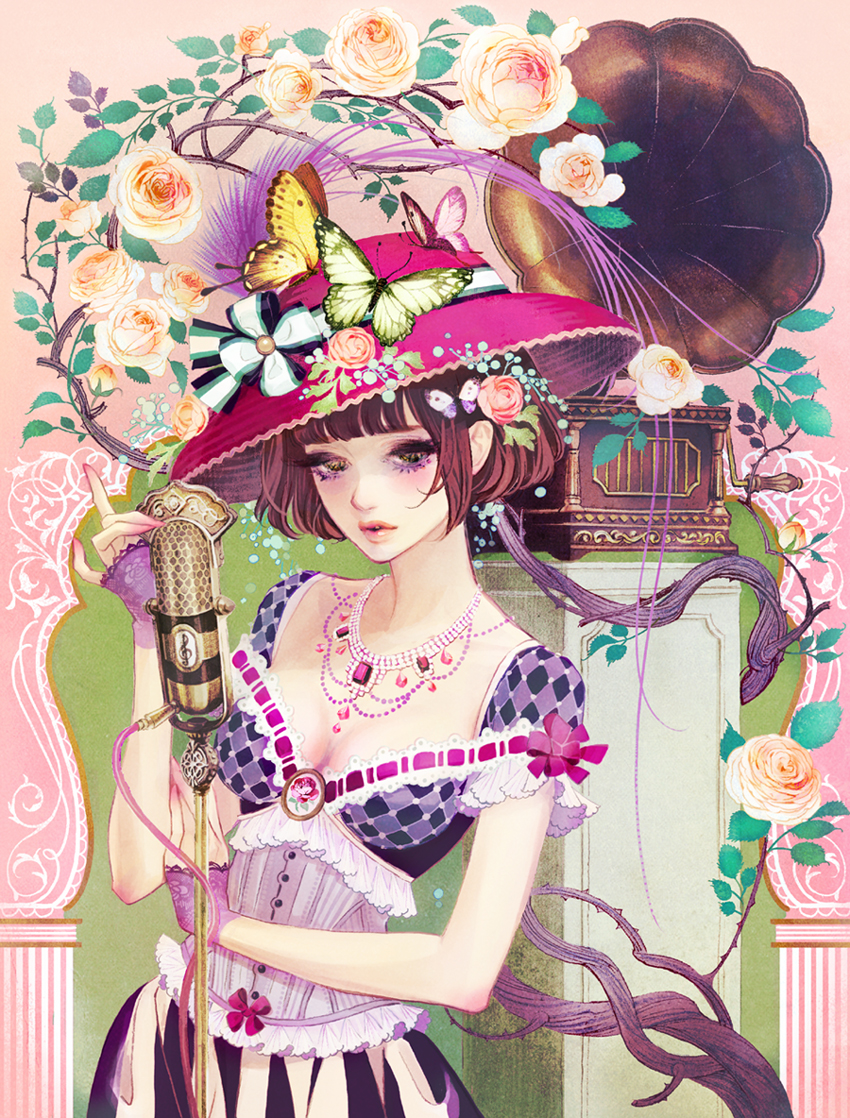bow bug butterfly flower frills hair_flower hair_ornament hat insect lace matsuo_hiromi microphone original phonograph solo