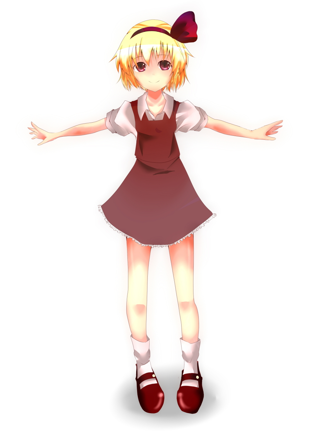arms_outstretched arms_spread artist_request blonde_hair child dress female hairband highres loli outstretched_arms red_eyes rumia smile spread_arms the_embodiment_of_scarlet_devil touhou youkai