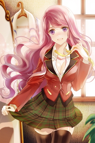 artist_request blazer breasts cleavage dress_shirt jacket large_breasts long_hair lowres mirror open_mouth pink_hair plaid plaid_skirt pleated_skirt purple_eyes school_uniform shirt skirt solo sword_girls thighhighs window