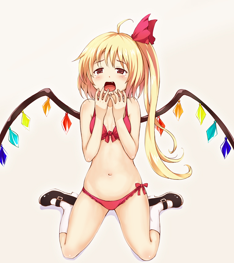 ahoge bikini blonde_hair blue_door blush fang flandre_scarlet hair_ribbon hand_to_own_mouth mary_janes navel no_hat no_headwear open_mouth red_bikini red_eyes ribbon shoes side-tie_bikini side_ponytail sitting socks solo swimsuit tears touhou wariza white_legwear wings