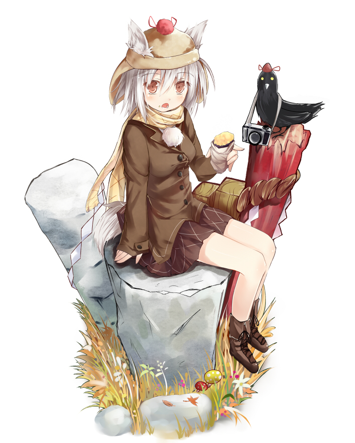 :o alternate_costume animal animal_ears bare_legs bird blush breasts brown_eyes casual crow crumbs eating efe expressionless food food_on_face hat inubashiri_momiji looking_at_viewer md5_mismatch medium_breasts mushroom nature open_mouth scarf shameimaru_aya shameimaru_aya_(crow) sitting skirt skirt_lift solo stone tail tokin_hat touhou wolf_ears wolf_tail