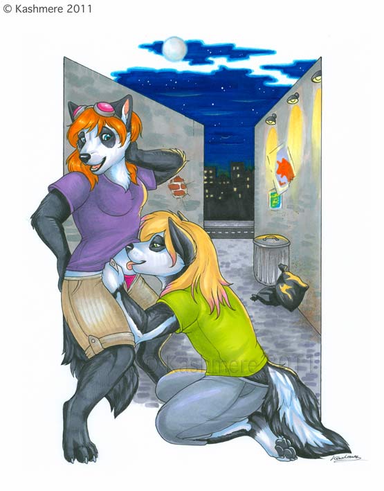 alley anthro barefoot black_fur blonde_hair blue_eyes canine clothed clothing couple duo eyewear female fur ginger_hair goggles green_eyes hair hindpaw kashmere kneeling licking male mammal multicolor_fur panties pawpads paws standing tongue two_tone_fur underwear white_fur