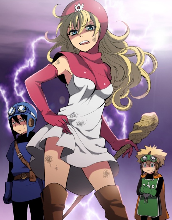 2boys blonde_hair blue_eyes bruise cape dragon_quest dragon_quest_ii dress gloves goggles harumi_chihiro injury long_hair multiple_boys open_mouth prince_of_lorasia prince_of_samantoria princess_of_moonbrook staff thighhighs