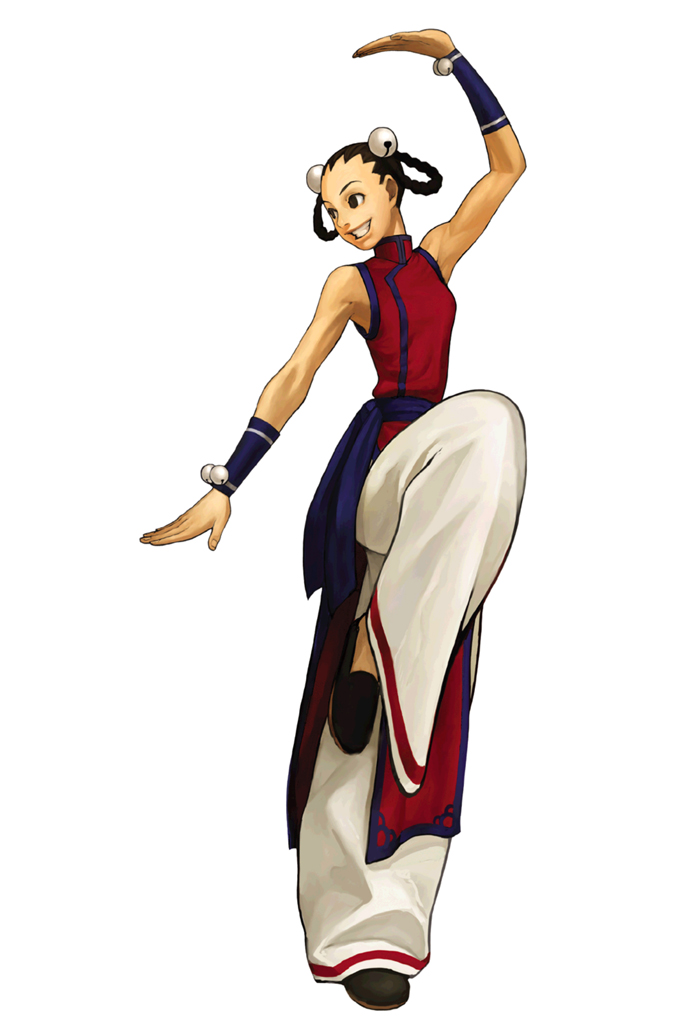 baggy_pants bell black_hair braid china_dress chinese_clothes dress fatal_fury fighting_stance grin hair_bell hair_ornament hair_rings kung_fu li_xiangfei nona official_art pants sash slippers smile standing standing_on_one_leg the_king_of_fighters the_king_of_fighters_2001 toned twin_braids vambraces
