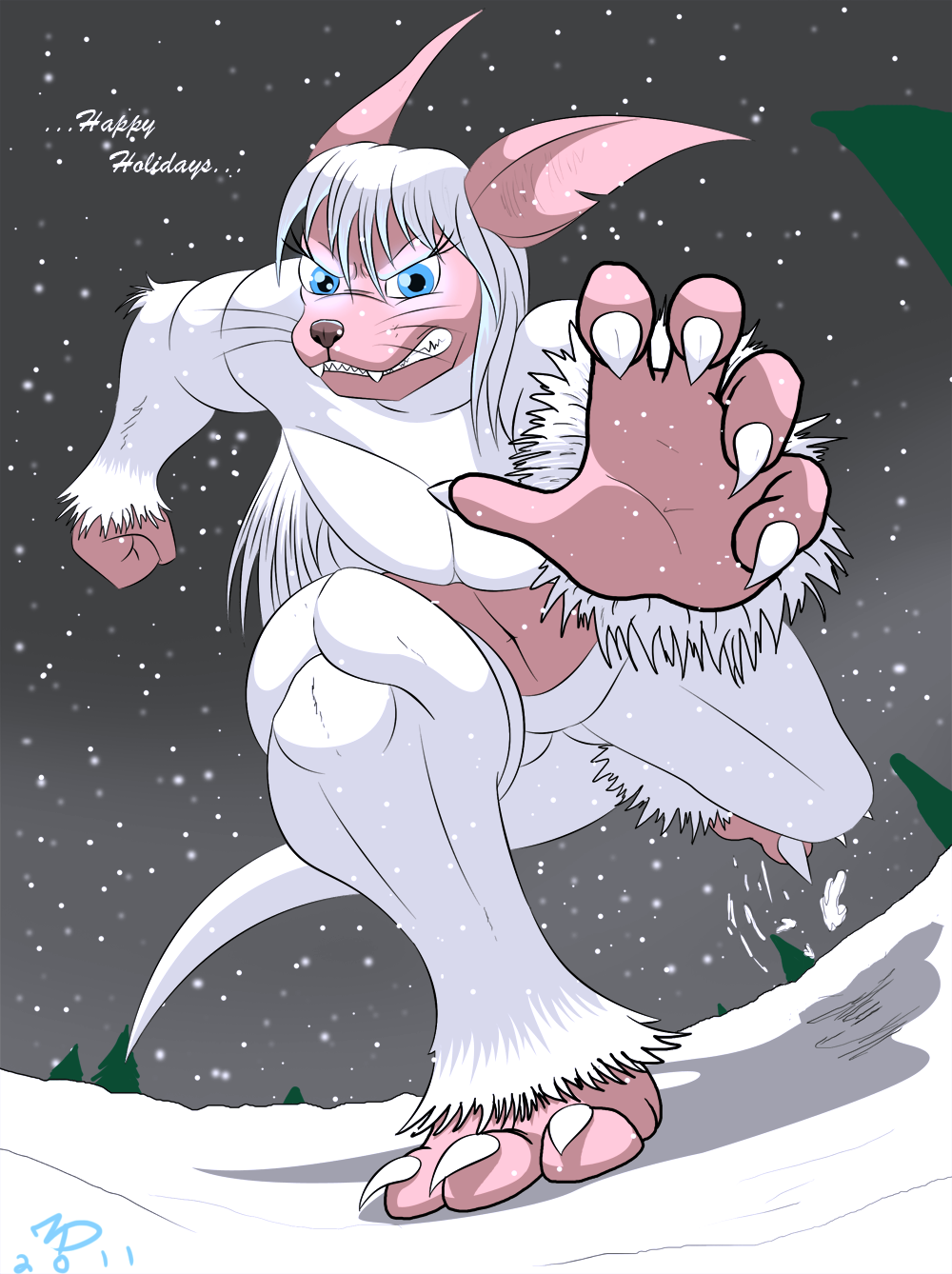 blue_eyes breasts chase claws cold female fur grey growl holidays perspective pink pink_body rage small_breasts snarl snarling snow snowing solo ticklishways tree white white_fur wood yeti zp92