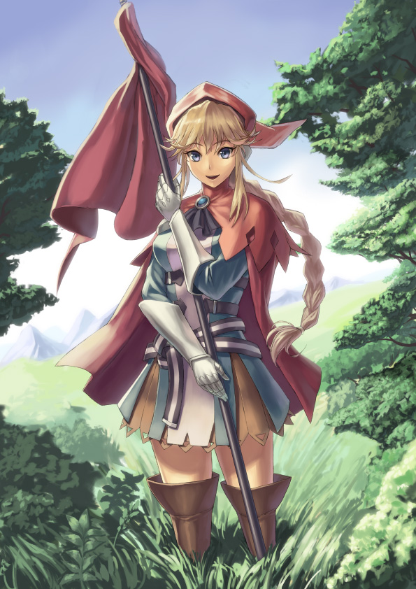armor armored_dress blonde_hair boots braid cape cuboon day flag gauntlets grand_knights_history green_eyes lisha_stalake ponytail skirt sky solo thigh_boots thighhighs tree