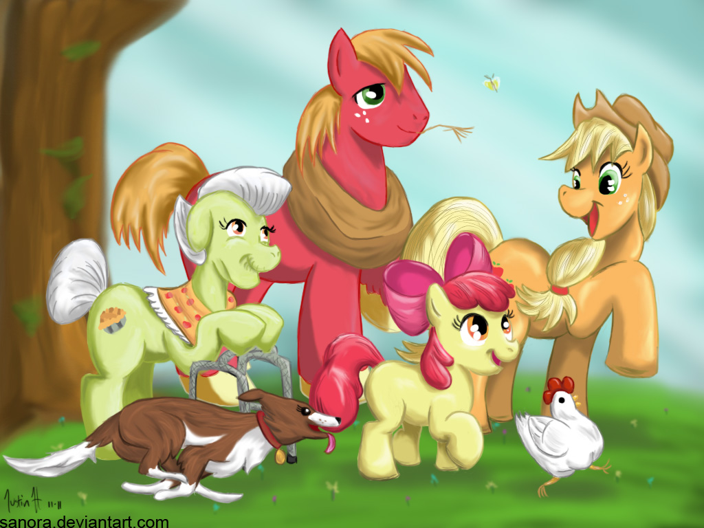 apple_bloom apple_bloom_(mlp) apple_family applejack_(mlp) avian big_macintosh_(mlp) bird blonde_hair brother canine chicken cub cutie_mark dialog dog draft_horse english_text equine eye_contact family female feral friendship_is_magic granddaughter grandmother grandson granny_smith_(mlp) grey_hair hair height_difference horse long_blonde_hair long_hair long_redhead looking_at_each_other male mammal my_little_pony orange_hair pony ponytail sanora sibling siblings sisters size_difference smile talking text winona_(mlp) yoke young
