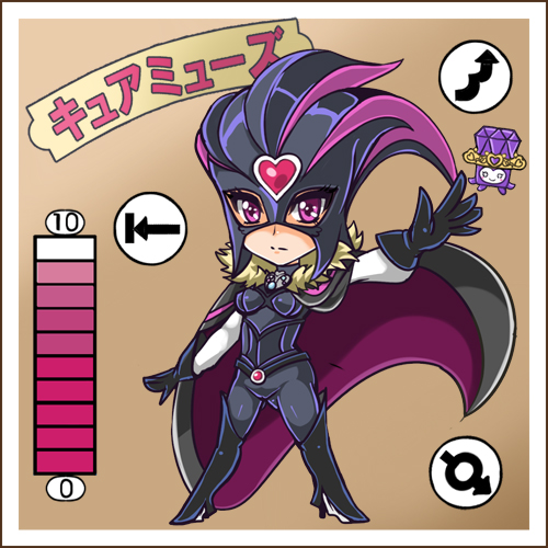 1girl black_gloves bodysuit boots brown_background cape character_name cure_muse_(black) fairy_tone gloves heart lowres mask precure purple_eyes serious shirabe_ako suite_precure