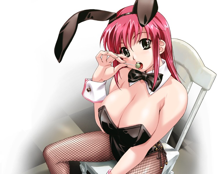 animal_ears boin bow bowtie breasts bunny_ears bunny_girl bunnysuit cleavage eating fishnet_pantyhose fishnets happoubi_jin huge_breasts iihara_nao olive pantyhose sitting solo