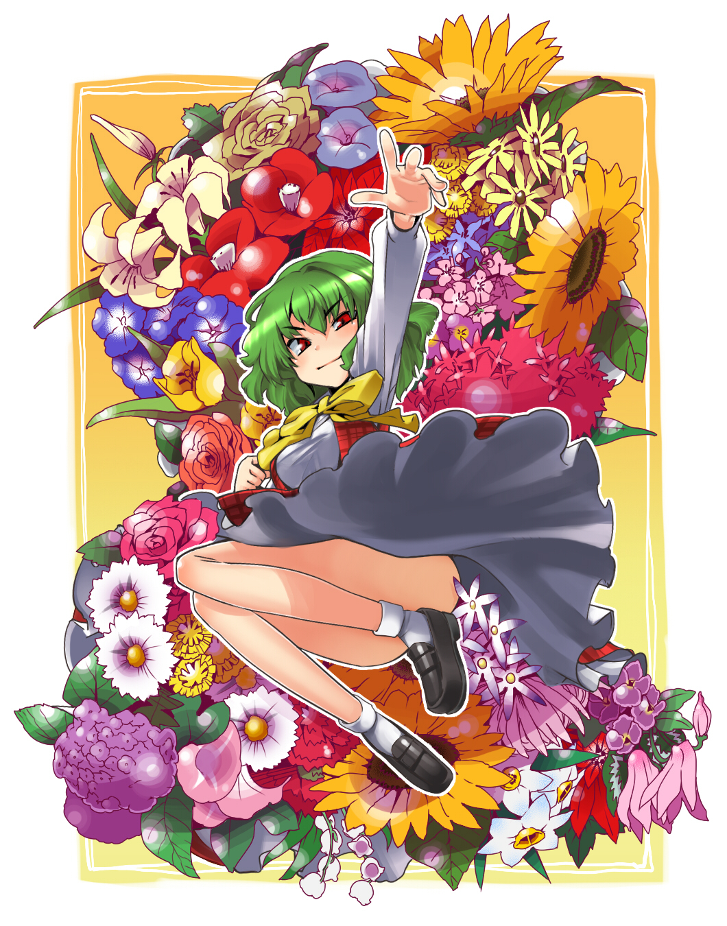 &gt;:) arm_up bellflower bow camellia carnation cherry_blossoms daffodil daisy dandelion floral_background flower gengorou green_hair highres hydrangea kazami_yuuka leaf lily_(flower) lily_of_the_valley looking_at_viewer morning_glory outline plaid plaid_skirt plaid_vest plant poinsettia red_eyes rose skirt skirt_set smile solo sunflower touhou tulip upskirt v-shaped_eyebrows vest