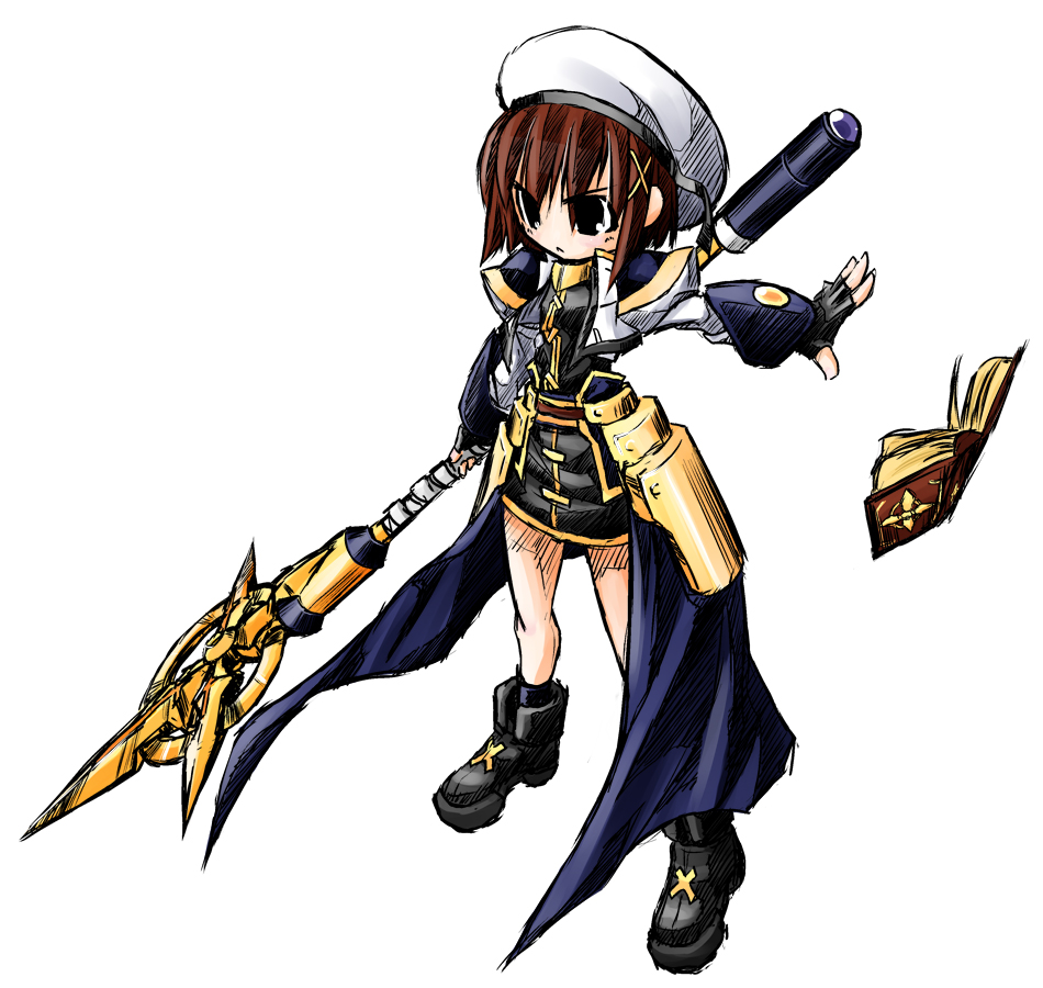 bad_id bad_pixiv_id belt brown_eyes brown_hair buckle floating floating_object full_body hair_ornament lance legs_apart looking_afar lyrical_nanoha mahou_shoujo_lyrical_nanoha_strikers polearm schwertkreuz simple_background solo staff standing tome_of_the_night_sky uniform weapon white_background x_hair_ornament yagami_hayate yuuka_(o.t.kingdom)