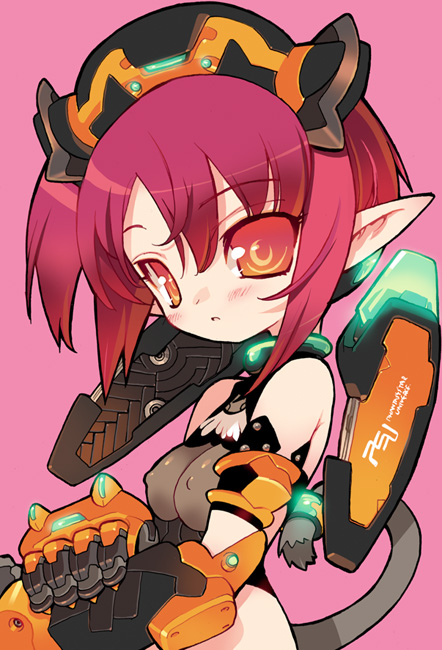 :o armband bad_id bad_pixiv_id blade_(galaxist) blush breasts cat_tail chibi copyright_name covered_nipples gauntlets halter_top halterneck headdress holding_arm looking_at_viewer medium_breasts midriff orange_eyes phantasy_star phantasy_star_universe pink_background pointy_ears red_hair side_ponytail simple_background solo tail
