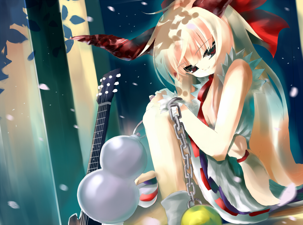 blonde_hair chain guitar horns ibuki_suika instrument long_hair petals ribbon shino_(eefy) solo touhou