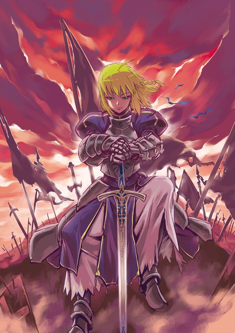 ahoge armor artoria_pendragon_(all) battlefield blonde_hair braid caliburn fate/stay_night fate_(series) field_of_blades flag green_eyes hands_on_hilt planted_sword planted_weapon saber shirou solo sword weapon