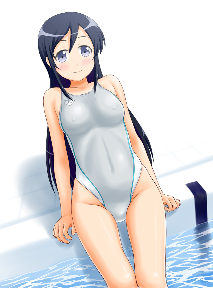 aragaki_ayase arena_(company) black_hair blue_eyes blush breasts competition_swimsuit covered_navel covered_nipples dutch_angle grey_swimsuit highleg highleg_swimsuit long_hair looking_at_viewer medium_breasts one-piece_swimsuit ore_no_imouto_ga_konna_ni_kawaii_wake_ga_nai pool poolside sitting skin_tight smile solo swimsuit thigh_gap tk4 white_background