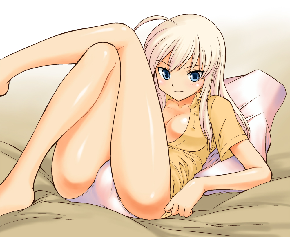 blonde_hair blue_eyes breasts covered_nipples crossed_legs hanna-justina_marseille legs long_hair medium_breasts mirutsu_(milts) panties pillow sitting smile solo strike_witches underwear world_witches_series