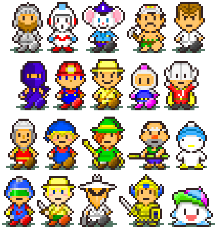 8-bit 80s armor atlantis_no_nazo axe bad_id bad_pixiv_id bag baseball_cap beard black_hair blonde_hair blue_hair blush bomberman briefcase challenger challenger_(character) chun_(door_door) circlet crossover daana_(solomon_no_kagi) dagger dig_dug dirk_the_daring door_door downtown_nekketsu_monogatari dragon's_lair druaga_no_tou elf facial_hair fantasy frown full_armor gilgamesh_(druaga) gloves gonbe hair_over_one_eye hat hebereke hebereke_(character) helmet holding hori_taizou horns ikki_(game) jack_(mighty_bomb_jack) key knight kunio-kun lode_runner lode_runner_(character) makaimura male_focus mappy mappy_(character) mask meikyuu_kumikyoku mighty_bomb_jack milon mother_(game) mother_2 mouse multiple_boys ninja ninja_gaiden oldschool overalls pants parody picosaru pixel_art pointy_ears polearm police police_uniform policeman red_hair ryu_hayabusa shadow shield shirt shirtless shoes simple_background sir_arthur_(makaimura) smile solomon_no_kagi spear spelunker spelunker_(character) spy_vs_spy standing style_parody sword takahashi_meijin takahashi_meijin_no_bouken_jima uniform visor weapon white_background white_bomberman white_spy wynn_(atlantis_no_nazo)