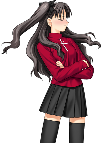 angry black_hair blush crossed_arms eyes_closed fate/stay_night fate_(series) female long_hair lowres skirt solo sweater thighhighs tohsaka_rin twintails