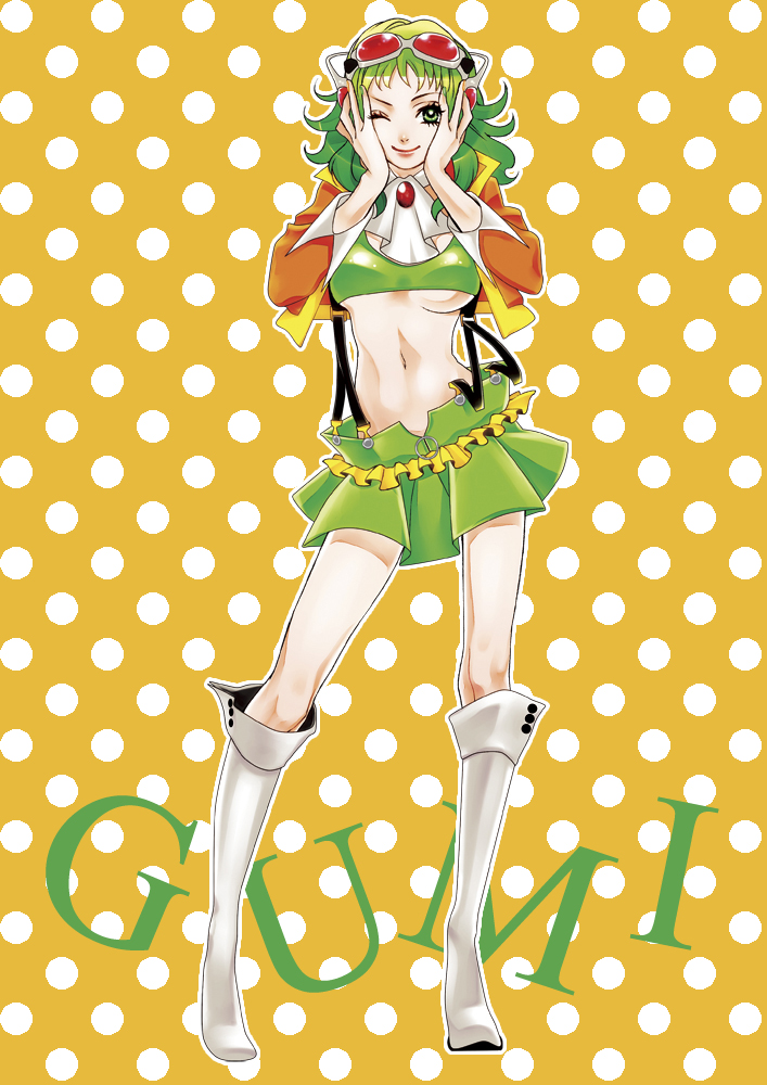 bad_id bad_pixiv_id boots breasts character_name goggles goggles_on_head green_eyes green_hair gumi headphones jacket megpoid_(vocaloid3) midriff navel one_eye_closed orange_background polka_dot polka_dot_background riff_(artist) short_hair skirt small_breasts smile solo suspenders underboob vocaloid