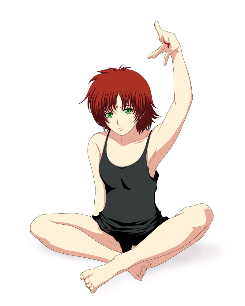arm_up armpits bare_shoulders barefoot black_panties blood chemise darker_than_black expressionless green_eyes havoc indian_style panties red_hair short_hair simple_background sitting solo underwear white_background