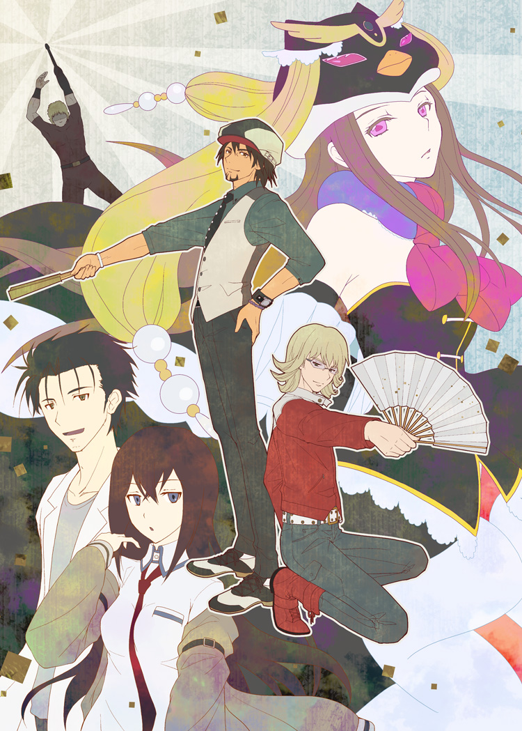 4boys animal_hat arm_cannon barnaby_brooks_jr cobra cobra_(movie) crossover fan folding_fan hat kaburagi_t_kotetsu kera_(yukekin) labcoat makise_kurisu mawaru_penguindrum multiple_boys multiple_girls oginome_ringo okabe_rintarou princess_of_the_crystal season_connection steins;gate takakura_himari tiger_&amp;_bunny weapon