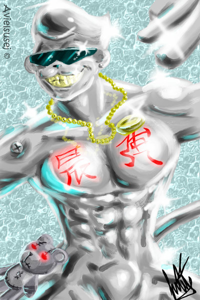 avielsusej cool_colors digimon doll eyewear gold gold_chain gold_teeth golden_teeth grey grey_body grin male mammal metaletemon monkey muscles necklace primate red_eyes shiny solo sunglasses warumonzaemon