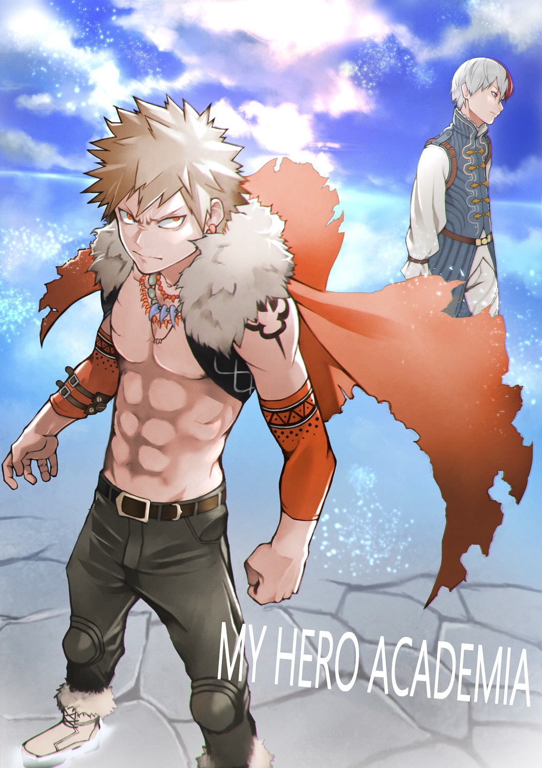2boys 55level alternate_costume angry bakugou_katsuki bare_chest belt blonde_hair blue_jacket boku_no_hero_academia boots brown_belt brown_legwear cape cloud cloudy_sky commentary_request day detached_sleeves earrings elbow_sleeve full_body fur-trimmed_boots fur-trimmed_cape fur_trim highres jacket jewelry long_sleeves multicolored_hair multiple_boys muscle necklace orange_sleeves outdoors pants red_hair shirt short_hair shoulder_tattoo sky sleeveless sleeveless_jacket spiked_hair standing tattoo title todoroki_shouto torn_clothes two-tone_hair v-shaped_eyebrows white_footwear white_hair white_legwear white_shirt