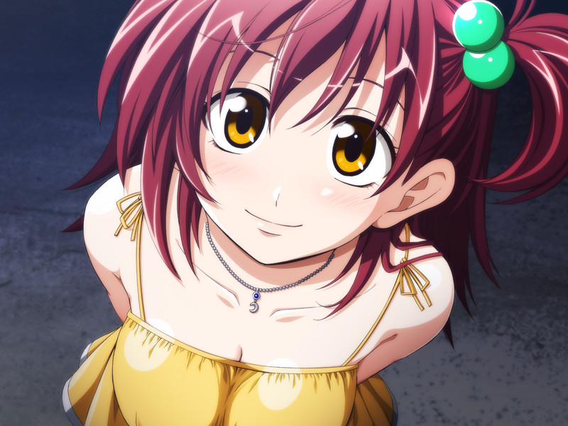 blush breasts cleavage close-up fujimaru_(bluebrand) game_cg hair_bobbles hair_ornament jewelry kira_kira large_breasts looking_at_viewer necklace red_hair smile solo yellow_eyes yoshimoto_yui