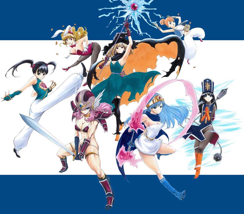 animal_ears armor bikini_armor black_hair blonde_hair blue_eyes blue_hair bodysuit boots bunny_ears bunnysuit cape claws coin collage dragon_quest dragon_quest_iii everyone fighter_(dq3) flying-u gloves hat helmet jester_(dq3) mage_(dq3) merchant_(dq3) multiple_girls pantyhose pink_hair priest_(dq3) red_hair sage_(dq3) staff sword thighhighs twintails weapon witch_hat