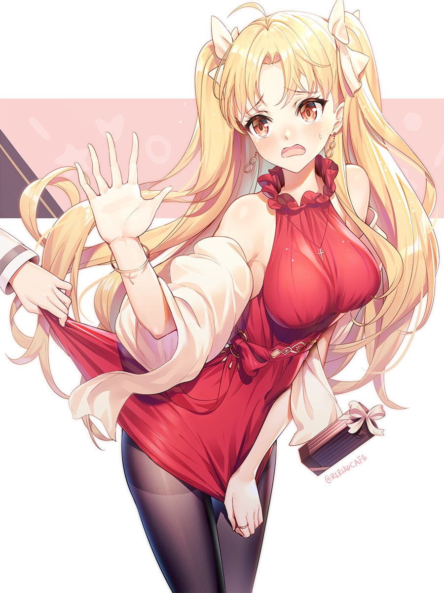 1girl ahoge bangle bangs bare_shoulders bitter_sweet_(fate/grand_order) black_legwear blonde_hair blush bow box bracelet breasts brown_background commentary_request cross cross_necklace dress dress_tug earrings ereshkigal_(fate/grand_order) eyebrows_visible_through_hair fate/grand_order fate_(series) gift gift_box hair_between_eyes hair_bow hand_up heart highres infinity jewelry large_breasts long_hair long_sleeves necklace open_mouth out_of_frame pantyhose parted_bangs red_bow red_dress red_eyes revision ring ririko_(zhuoyandesailaer) shawl sleeveless sleeveless_dress solo_focus star sweat thighband_pantyhose twitter_username two-tone_background two_side_up valentine very_long_hair white_background white_bow
