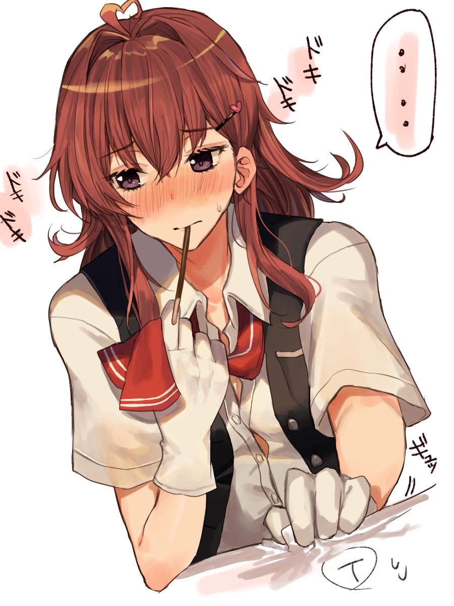 ... 1girl ahoge amakaze arashi_(kantai_collection) black_eyes black_vest blouse commentary_request food gloves highres kantai_collection kerchief looking_to_the_side medium_hair messy_hair mouth_hold neckerchief pocky red_hair solo spoken_ellipsis upper_body vest white_blouse white_gloves