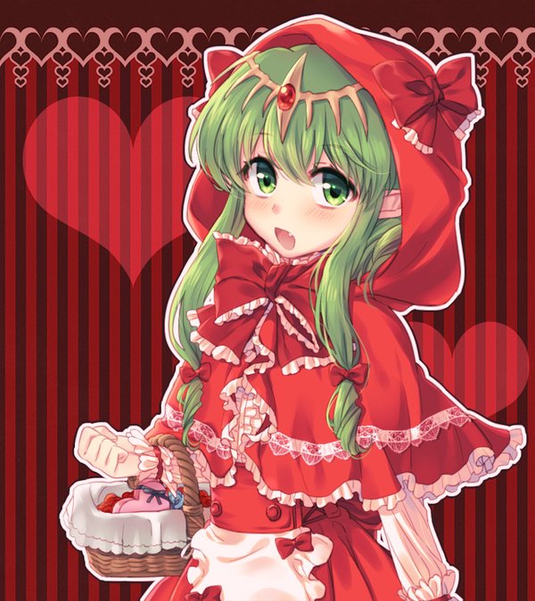 1girl alternate_costume awayuki_ramika basket bow chiki fire_emblem fire_emblem:_monshou_no_nazo frills green_eyes green_hair hair_bow heart hood hood_up long_hair long_sleeves mamkute nintendo open_mouth pointy_ears red_bow solo upper_body