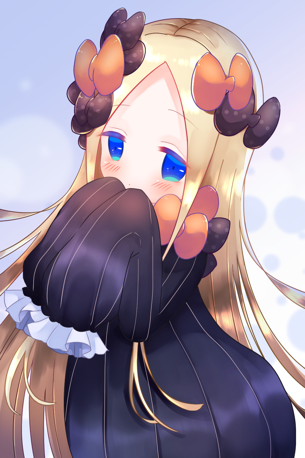 1girl abigail_williams_(fate/grand_order) bangs black_bow black_dress blonde_hair blue_eyes blush bow closed_mouth commentary_request dress eyebrows_visible_through_hair fate/grand_order fate_(series) forehead hair_bow hands_up highres kamekko long_hair long_sleeves looking_at_viewer no_hat no_headwear orange_bow parted_bangs polka_dot polka_dot_bow sleeves_past_fingers sleeves_past_wrists solo upper_body very_long_hair