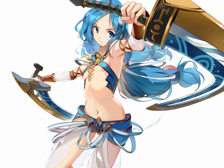 1girl aqua_hair armpits blue_eyes breasts cowboy_shot dana_(ys) dual_wielding foreshortening gauntlets hair_ornament holding long_hair looking_at_viewer low-tied_long_hair midriff navel reverse_grip shinokawa7 simple_background small_breasts solo sword twintails weapon white_background ys ys_viii_lacrimosa_of_dana