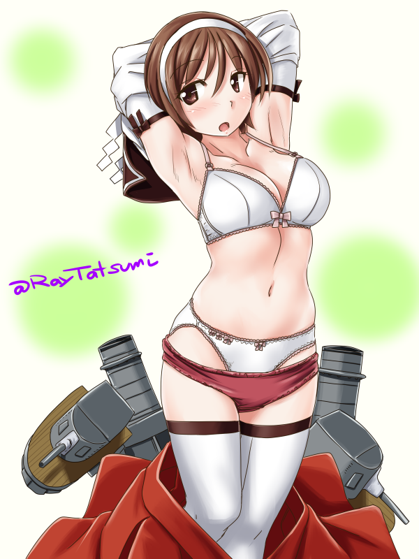 1girl bra breasts brown_eyes brown_hair buruma buruma_pull cannon cleavage collarbone commentary_request detached_sleeves feet_out_of_frame hairband kantai_collection machinery medium_breasts natori_(kantai_collection) navel panties pleated_skirt red_buruma red_skirt short_hair skirt skirt_removed smokestack solo tatsumi_ray turret underwear undressing white_background white_bra white_hairband white_panties