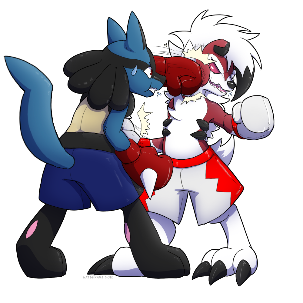blue_fur boxing boxing_gloves clothing duo fight fur hair lucario lycanroc midnight_lycanroc nintendo pok&eacute;mon pok&eacute;mon_(species) punch shorts spikes sport sweat sweatdrop video_games white_fur