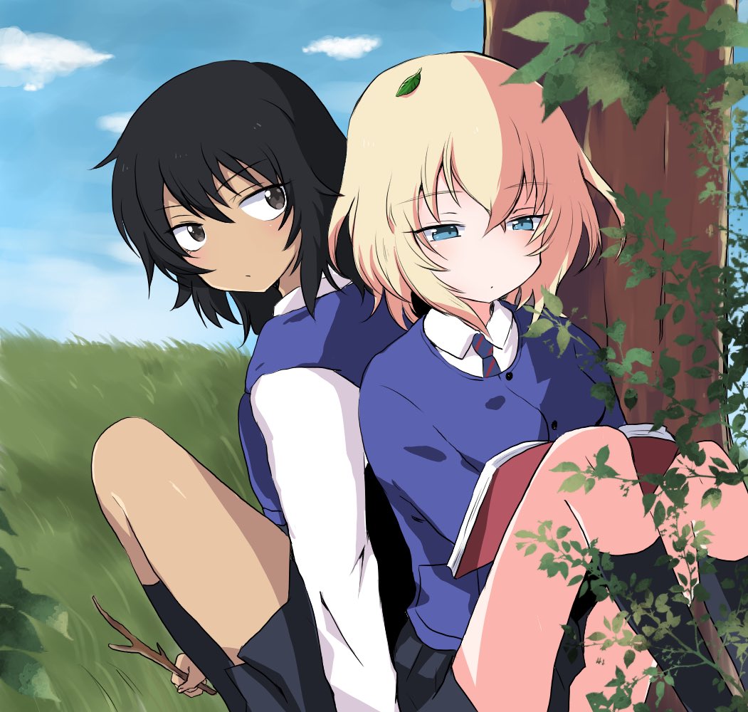 2girls aimai_(luckyfive) andou_(girls_und_panzer) back-to-back bangs bc_freedom_school_uniform black_hair black_legwear black_skirt black_vest blonde_hair blue_eyes blue_neckwear blue_sky blue_sweater book brown_eyes cardigan closed_mouth cloud cloudy_sky dark_skin diagonal_stripes dress_shirt eyebrows_visible_through_hair girls_und_panzer grass half-closed_eyes holding holding_book light_frown long_sleeves looking_at_another looking_back medium_hair messy_hair miniskirt multiple_girls necktie oshida_(girls_und_panzer) outdoors plant pleated_skirt red_neckwear school_uniform shirt sitting skirt sky socks striped striped_neckwear sweater sweater_around_neck tree twig vest white_shirt wing_collar