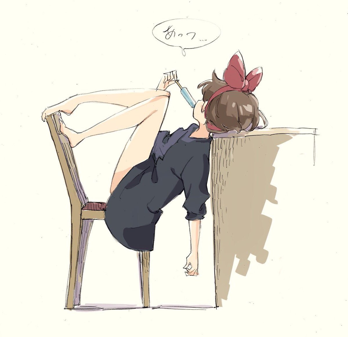 1girl bare_legs barefoot beige_background black_dress bow brown_hair chair desk dress facing_away food hair_bow hairband holding holding_food kiki legs_up majo_no_takkyuubin popman3580 popsicle red_bow red_hairband short_sleeves sketch solo translation_request