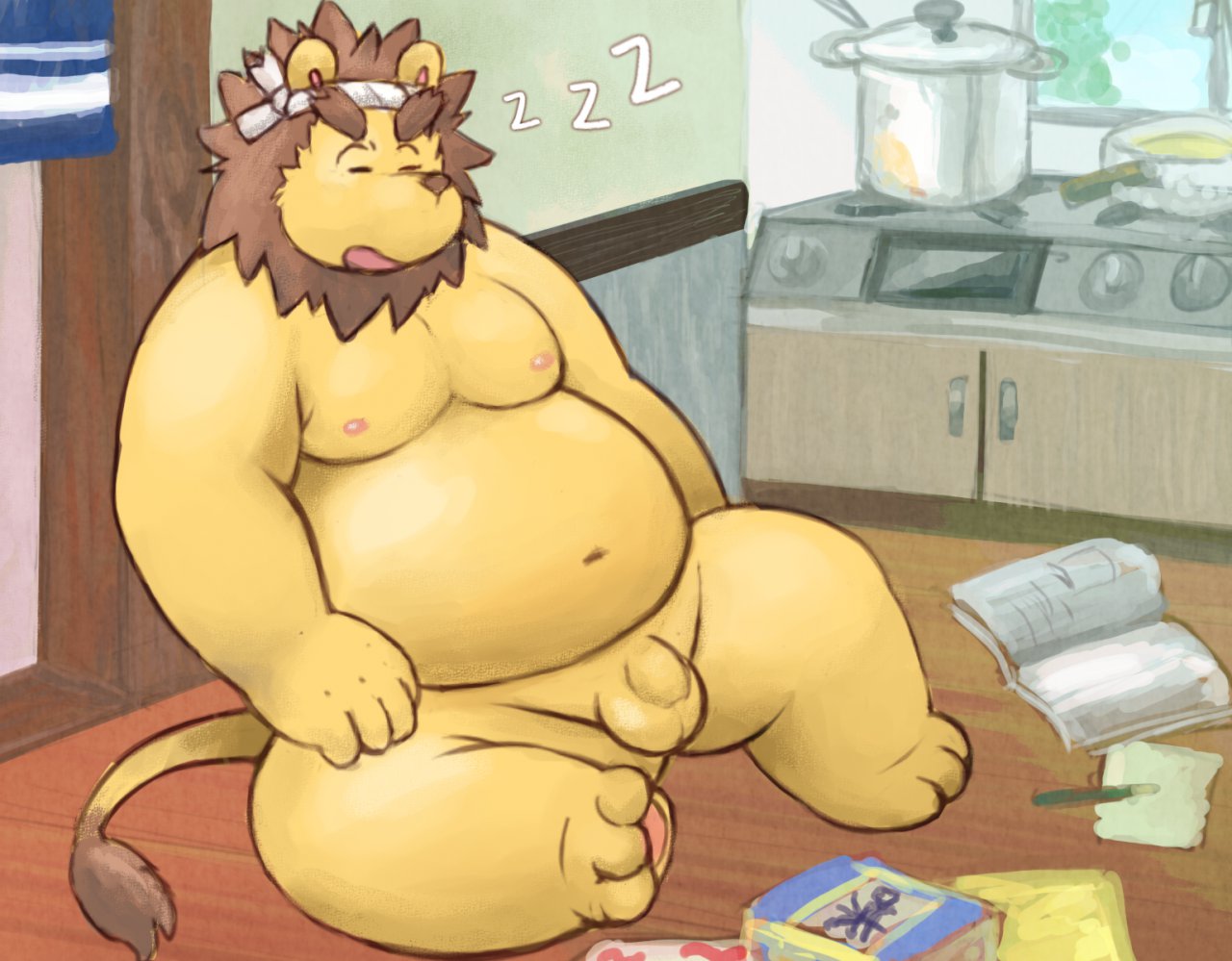 2014 anthro balls belly eyes_closed felid flaccid fur humanoid_hands kitchen lako lion male mammal moobs navel nipples overweight overweight_male pantherine penis sitting sleeping solo sound_effects yellow_fur zzz