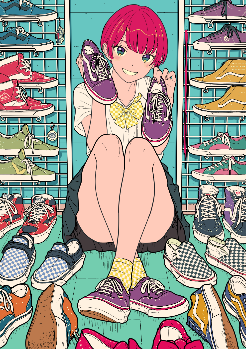 1girl aida_takanobu bangs blush bow checkered checkered_shoes collared_shirt crossed_ankles fingernails green_eyes highres original pink_hair rack sanpaku shiny shiny_hair shirt shoelaces shoes short_hair short_sleeves sitting skirt smile sneakers socks solo teeth vans