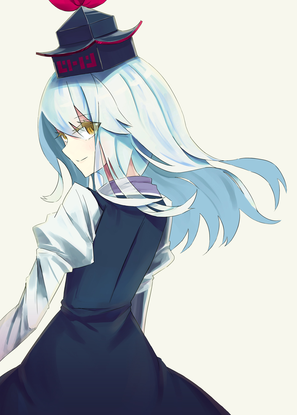 alternate_eye_color bad_id bad_pixiv_id blue_dress blue_hair dress from_behind hat highres kamishirasawa_keine long_hair long_sleeves looking_back simple_background smile solo tai0201 touhou white_background yellow_eyes