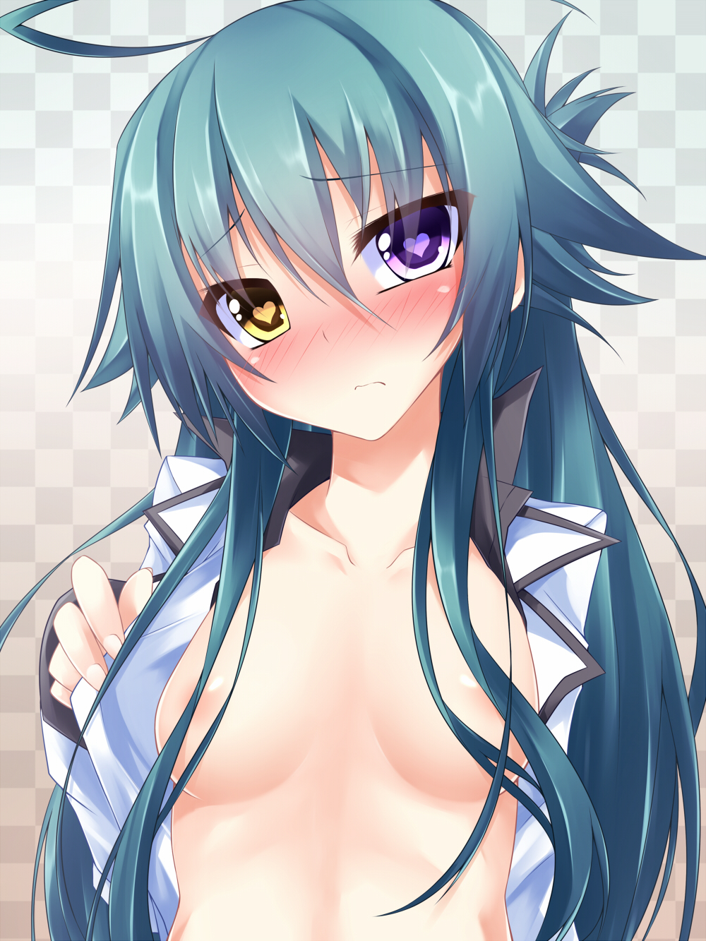 1girl ahoge areolae blue_hair blush breasts bust female frown heart heart-shaped_pupils heterochromia highres jacket leura_(suterii) leura_arcane long_hair looking_at_viewer nipples on_back open_clothes open_mouth original ponytail purple_eyes sleeves_past_wrist sleeves_past_wrists small_breasts solo suterii symbol-shaped_pupils upper_body yellow_eyes