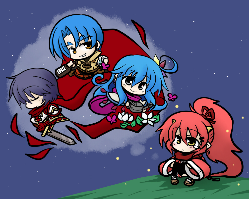 2girls blue_hair bottle brown_eyes chain closed_eyes flower grey_eyes grin hair_ornament hairclip horns long_hair multiple_boys multiple_girls night night_sky pixiv_fantasia pixiv_fantasia_wizard_and_knight pointy_ears ponytail red_hair scarf sitting sky sleeves_past_wrists smile tears watering_can yanagi_(nurikoboshi) yellow_eyes